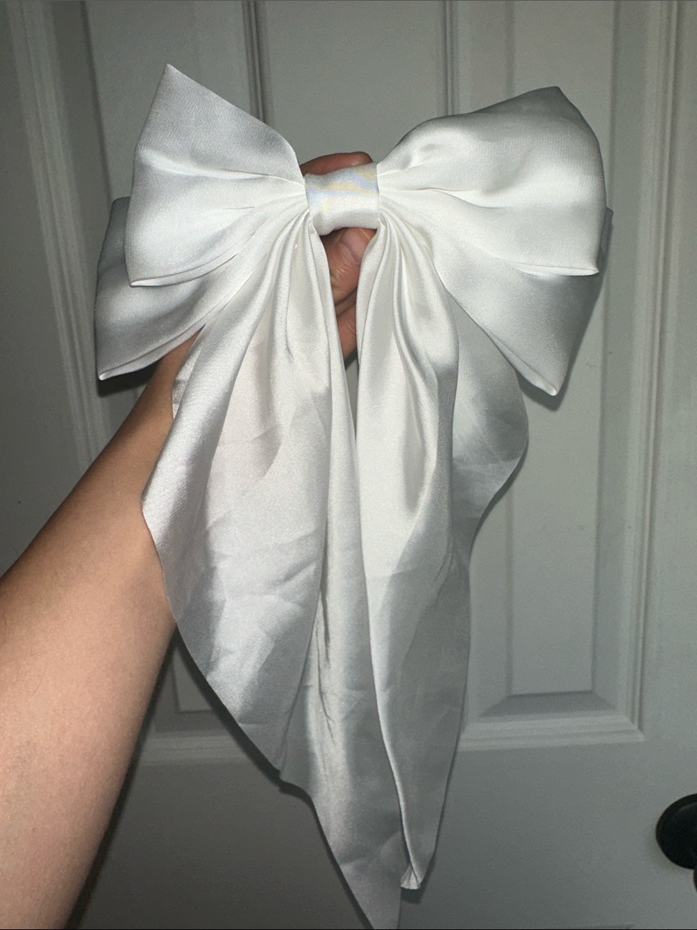Satin Hair Bow Trio - Pink, White & Dark Green - Picture 4 of 5